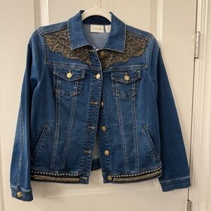 Chico’s Jean jacket embellished with beading and lace on denim